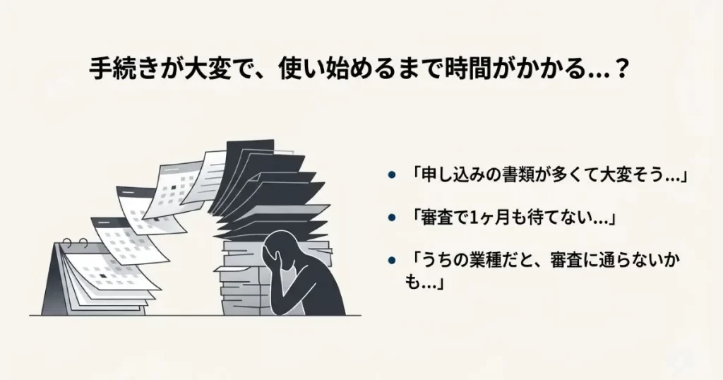 申し込み書類の多さや審査期間、業種による審査通過への不安を描いたスライド