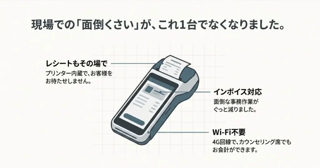 プリンター内蔵、インボイス対応、4G回線対応の決済端末アルファポータブルの機能紹介
