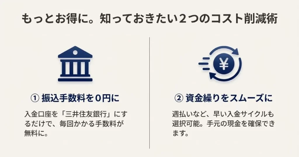 三井住友銀行口座指定による振込手数料0円化と週払いなどの早い入金サイクルのメリット