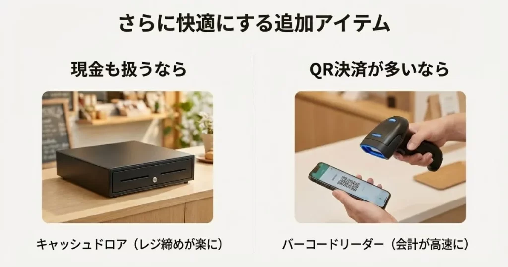 現金管理用のキャッシュドロアと、QR決済を高速化するバーコードリーダーの追加アイテム紹介。