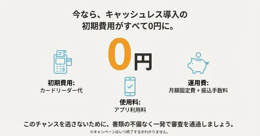 カードリーダー代や月額固定費、振込手数料が0円になるキャッシュレス導入キャンペーンの紹介