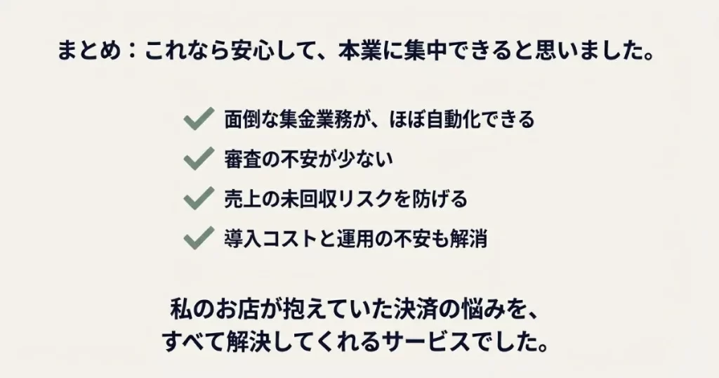 集金自動化、審査、未回収防止、コスト解消の4つのチェックポイント。