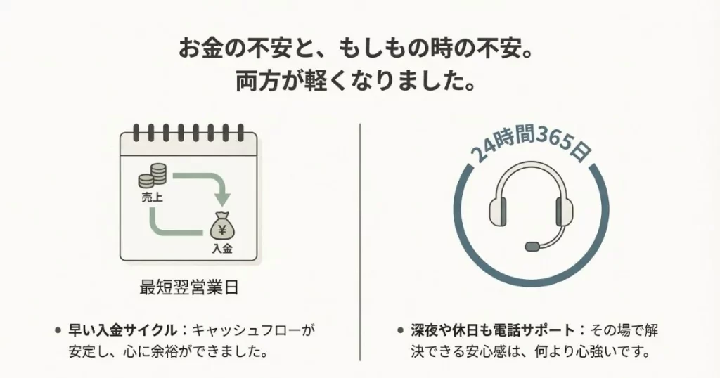 最短翌営業日の入金サイクルと24時間365日の電話サポートによる安心感を表現した図