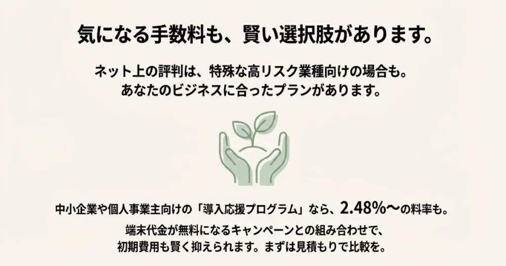 中小・個人向けの導入応援プログラム（料率2.48%〜）や、端末代金無料キャンペーンについての案内。