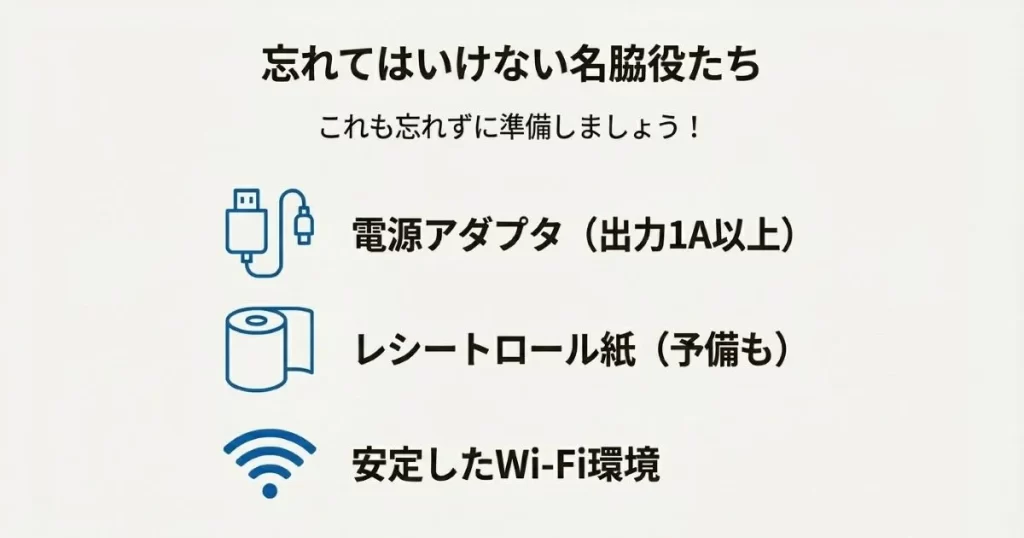 電源アダプタ、レシートロール紙、安定したWi-Fi環境など、忘れずに準備すべきアイテム。