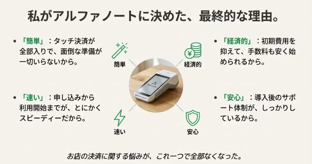 簡単、経済的、速い、安心という、アルファノートを導入する最終的なメリットをまとめたスライド。
