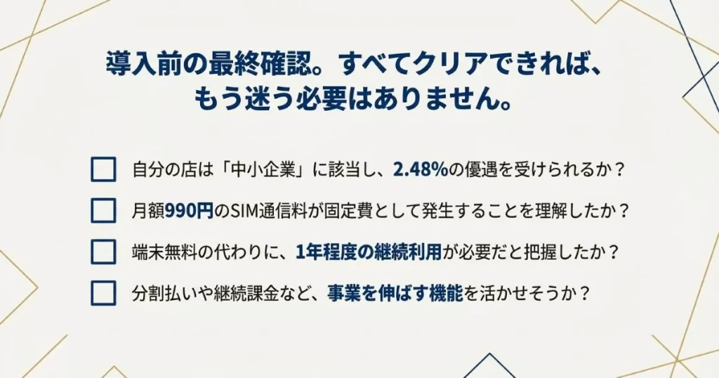 中小企業の該当、通信料、継続利用、機能活用の4点を確認するリスト