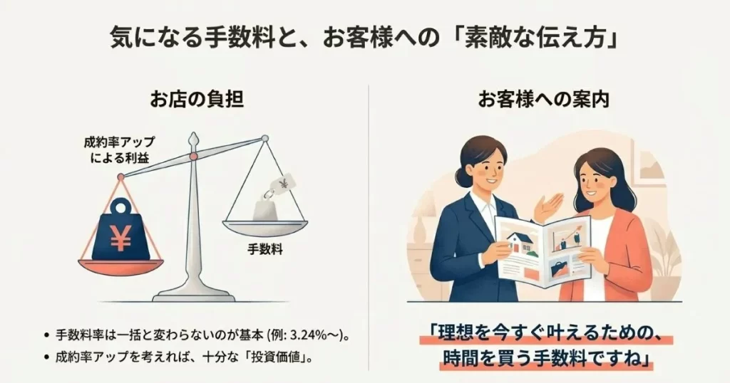天秤のイラスト。手数料よりも成約率アップによる利益が重いことを示し、「理想を叶えるための時間を買う手数料」という伝え方の例。