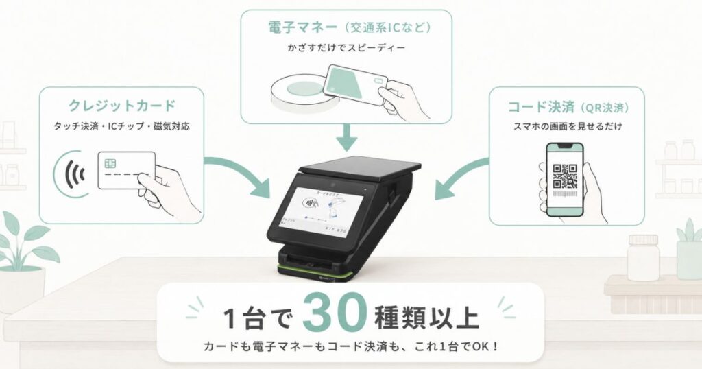 ステラパック1台にクレジットカードと電子マネーとQR決済が集約されることを示す図解