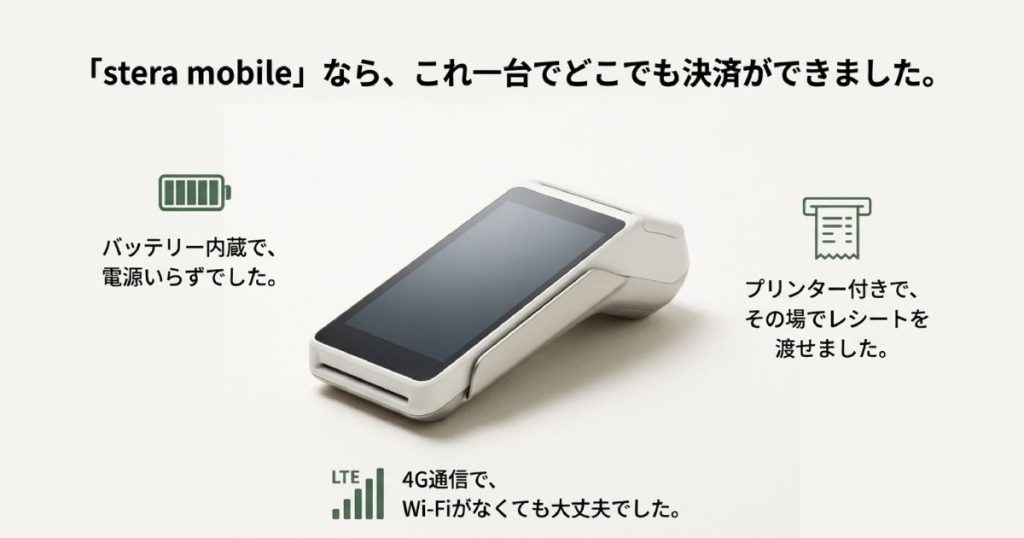 バッテリー内蔵、4G通信対応、プリンター付きなど、どこでも決済が可能なstera mobileの強みを説明するスライド