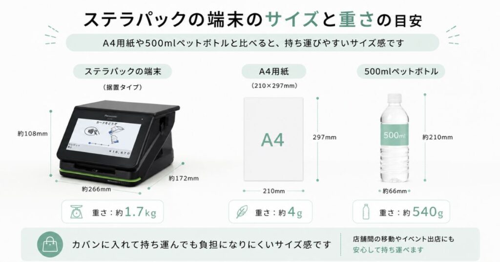 ステラパックの端末のサイズと重さをA4用紙とペットボトルで比較したイメージ