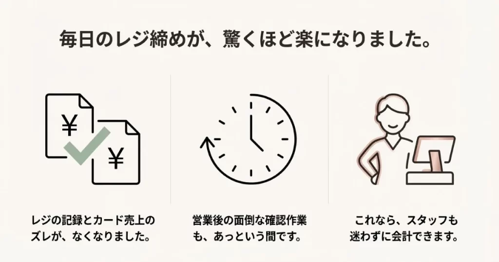 カード売上のズレがなくなり、営業後の面倒な確認作業が大幅に短縮されるレジ締めの効率化イメージ