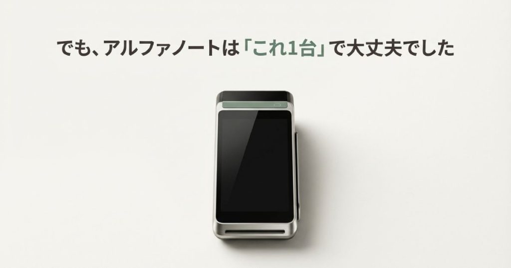 アルファノートの端末本体画像。「これ1台で大丈夫でした」というテキスト。