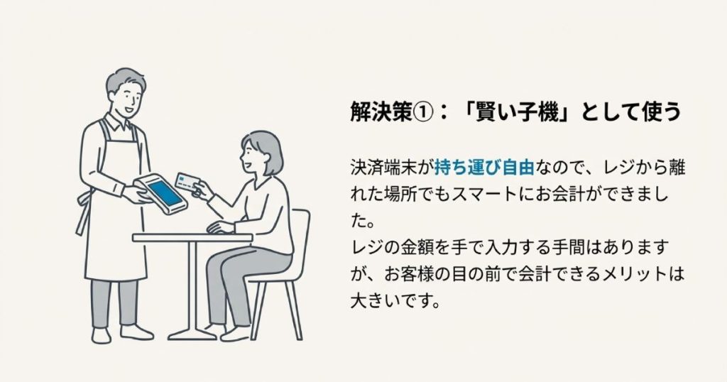 持ち運び自由な決済端末を使い、レジから離れた客席でスマートに会計を行うイラストと解説。
