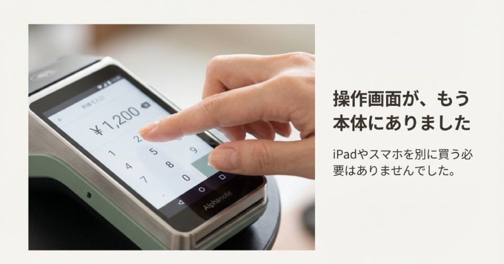 アルファノートの端末画面を指で操作している様子。iPadやスマホを別に買う必要がないことの説明。
