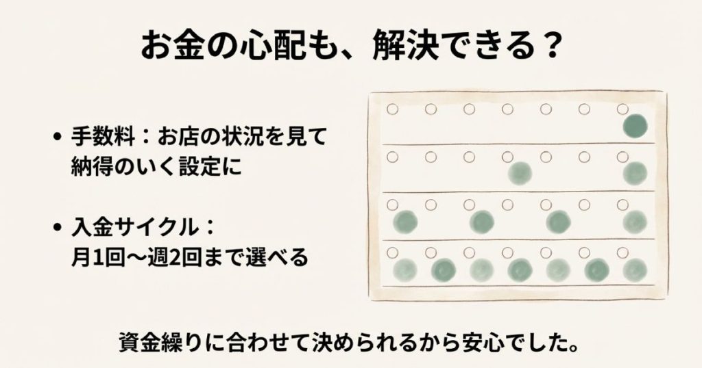クレジットカード、QRコード決済、レシート発行がこれ一台で完結し、レジ周りがスッキリすることを示すイラスト