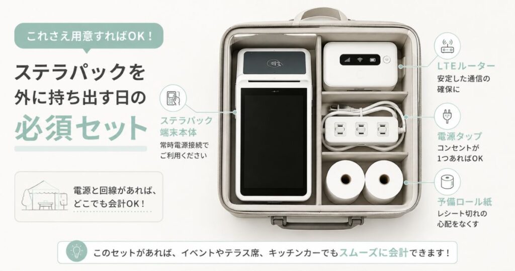 ステラパックの端末を持ち運びするときに必要なLTEルーターと付属品一式