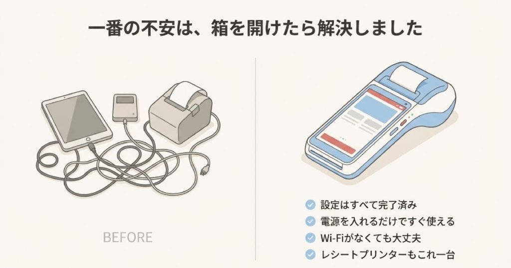 初期設定済みで届き、Wi-Fi不要、プリンター内蔵のオールインワン端末のBEFORE/AFTERイラスト
