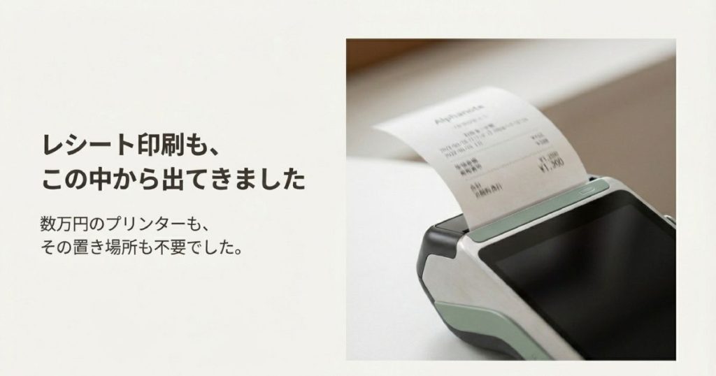 アルファノート端末の上部からレシートが出ている様子。数万円のプリンターや置き場所が不要であることの説明。