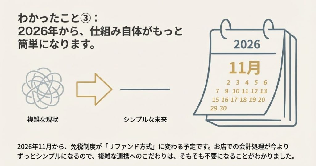 2026年11月から免税制度がリファンド方式に変わり、お店の会計処理がシンプルになることの説明図