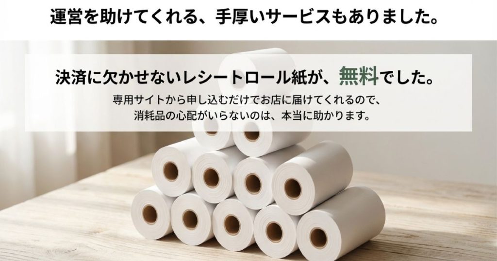 決済に必要なレシートロール紙が専用サイトからの申し込みで無料でお店に届く仕組みを説明する画像