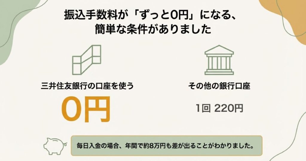 三井住友銀行なら0円、他行なら1回220円となり、毎日入金の場合は年間で約8万円のコスト差が出ることを示す比較スライド