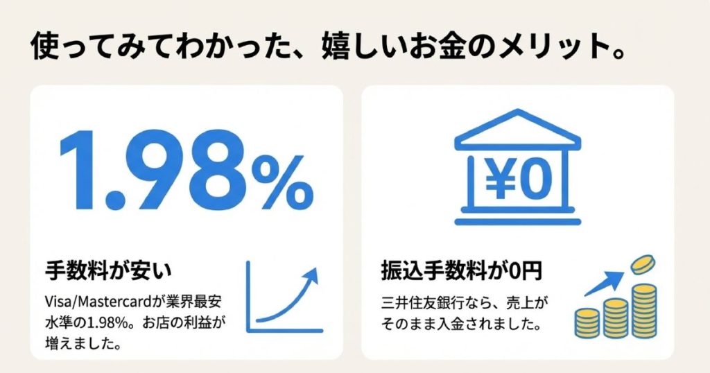 Visa/Mastercardの決済手数料が業界最安水準の1.98%で、三井住友銀行なら振込手数料も0円になる説明