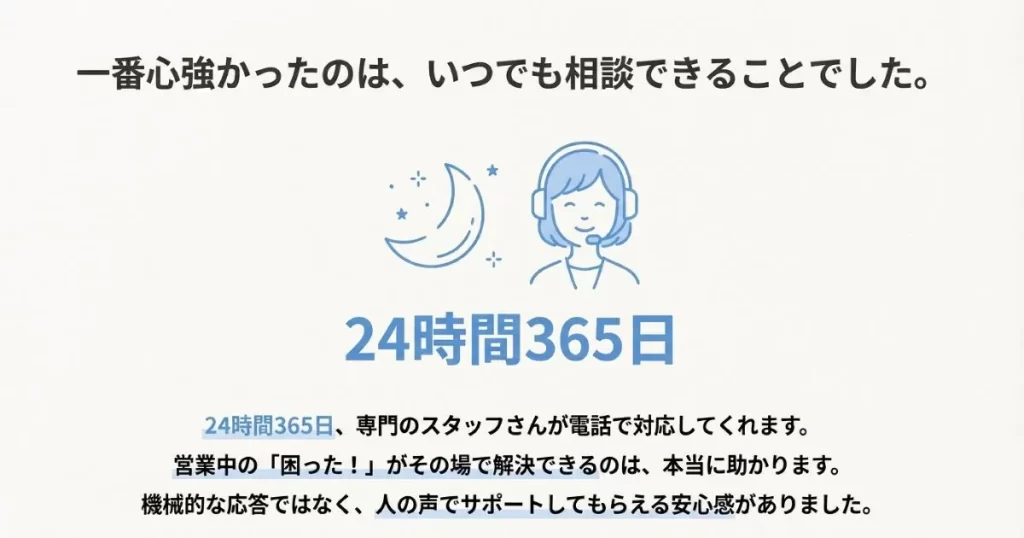営業中のトラブルを即座に解決できる、24時間365日対応のスタッフによる電話サポート体制