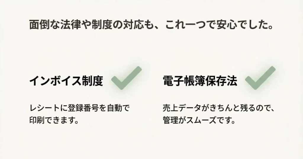 レシートへの登録番号自動印字や売上データの自動保存による、インボイス制度および電子帳簿保存法への対応メリット