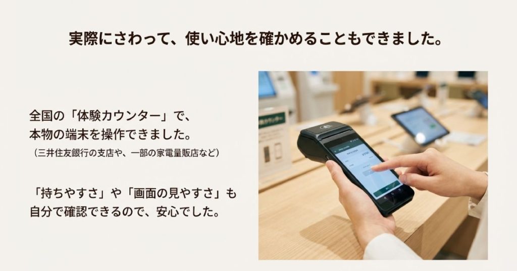 体験カウンターにて実際にstera mobile端末を手に持ち、画面を操作して使い心地を確認している写真