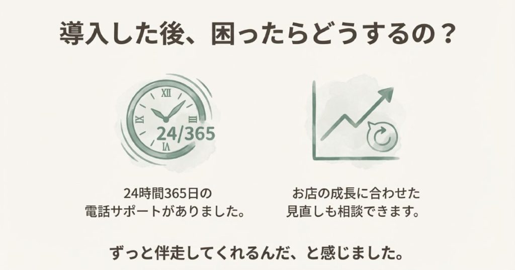 24時間365日の電話サポート体制と、お店の成長に合わせたプラン見直しにずっと伴走してくれることを示すイメージ図