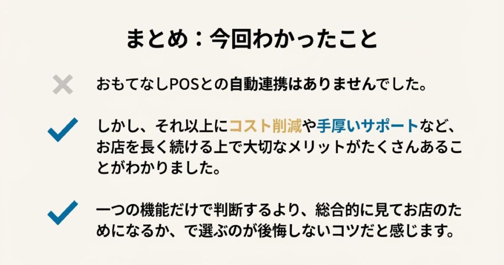 自動連携はなくてもコスト削減やサポートなどお店を長く続けるメリットが多いことをまとめたスライド。