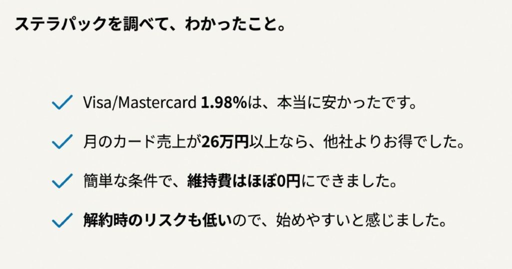 手数料1.98%、売上26万円以上の優位性、維持費0円、低リスクなど調査結果のチェックリスト