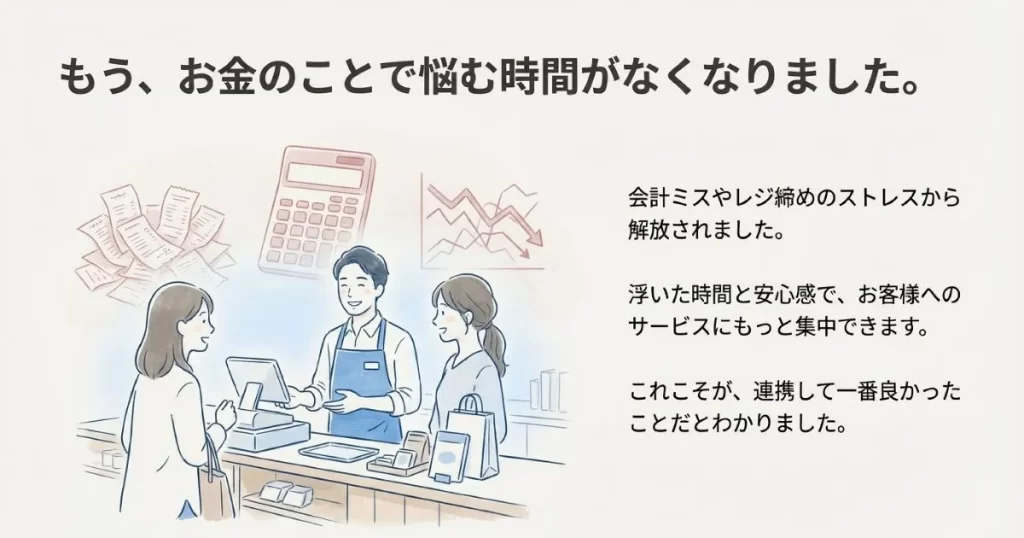 会計ミスやレジ締めのストレスから解放され、笑顔で接客サービスに集中できるようになった店内の様子