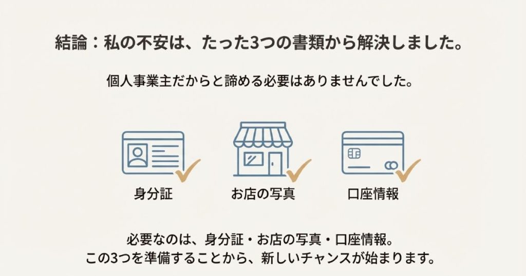 身分証・お店の写真・口座情報のイラストとともに新しいチャンスが始まることを伝える結論スライド
