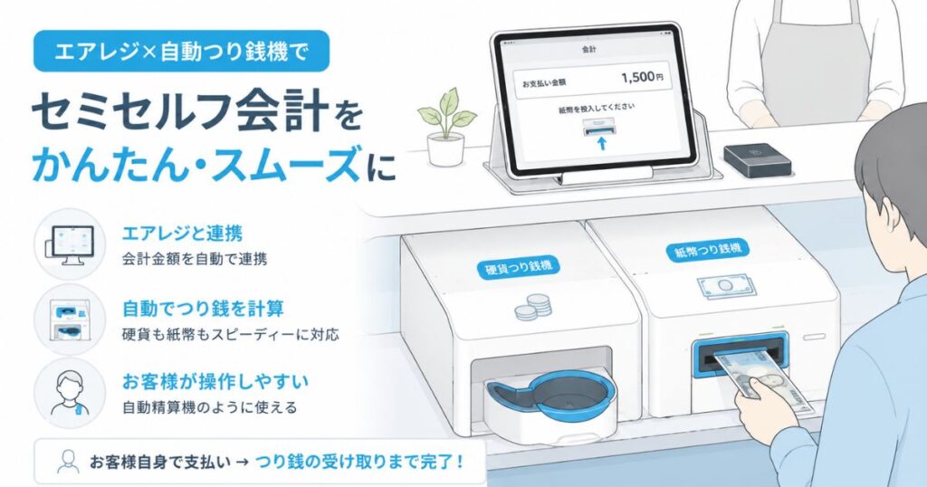 エアレジと連携した自動つり銭機でセミセルフ会計をしているレジまわりの様子