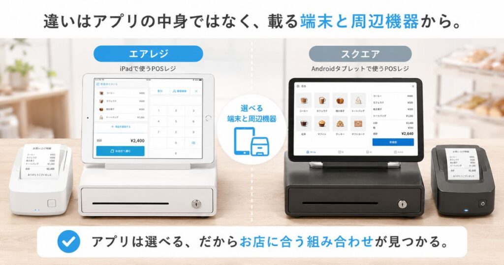 エアレジとスクエアの料金と対応端末の違いを比較するイメージ