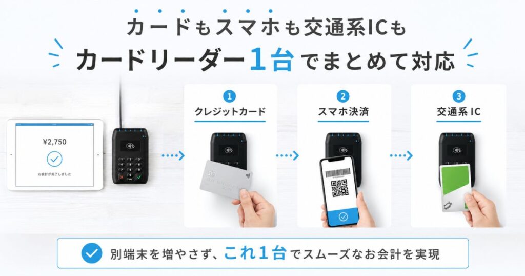 エアペイの対応決済をカードリーダー1台で受け付ける店頭のイメージ