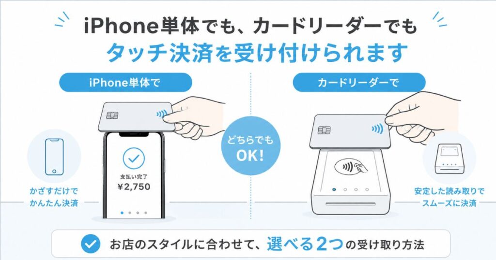 エアペイのタッチ決済をiPhone単体とカードリーダーの2方式で受け付けている様子