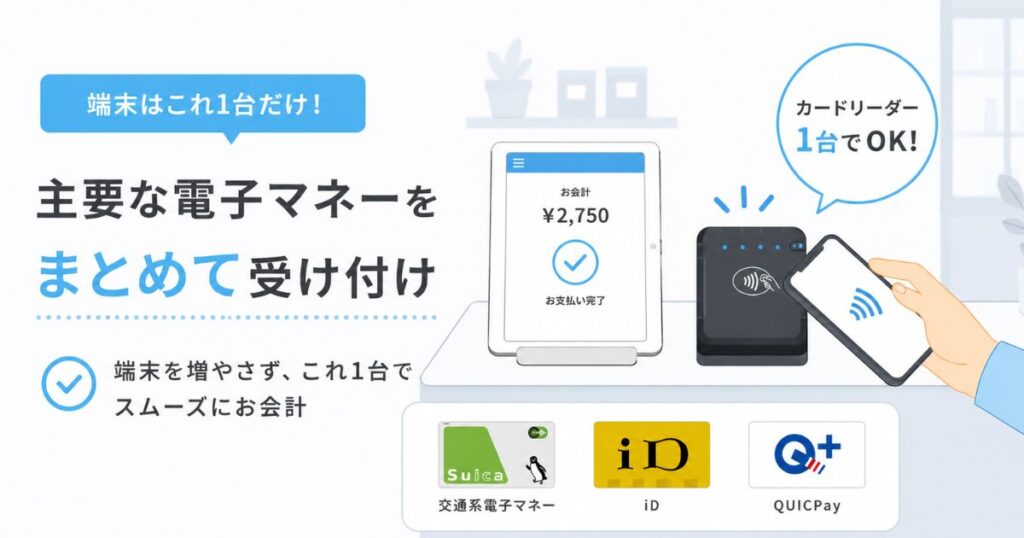 エアペイのカードリーダー1台で交通系電子マネーやiD・QUICPayを受け付けている店頭のレジ周り
