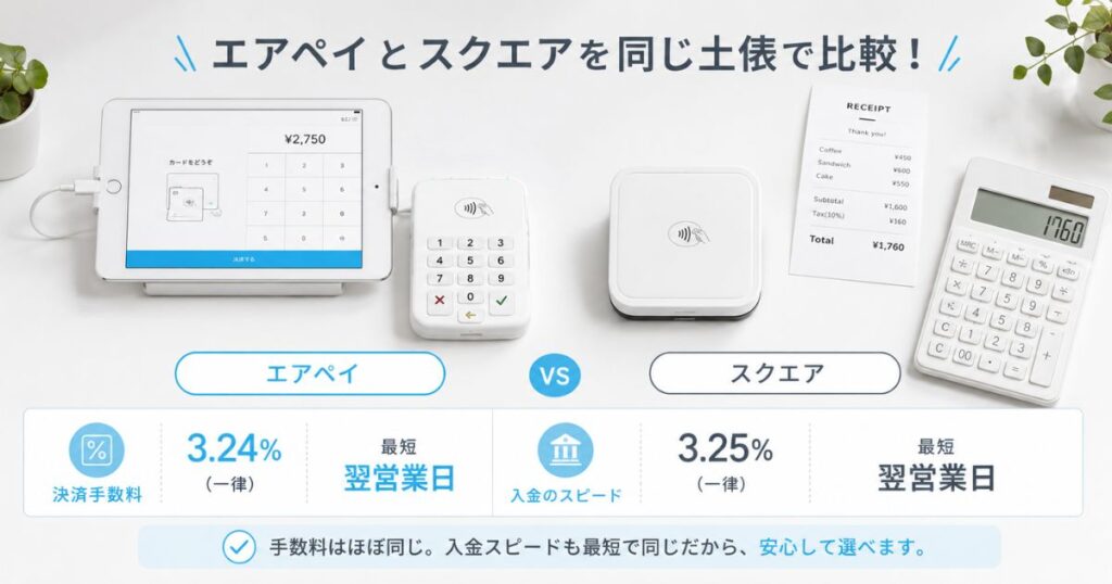 エアペイとスクエアの決済端末を並べて手数料と入金の違いを比較するイメージ