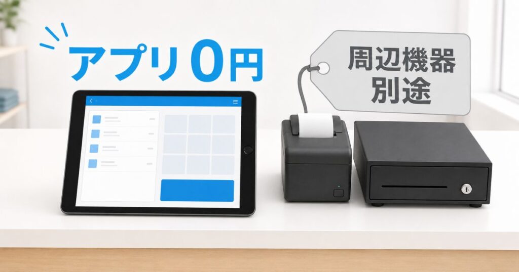 エアレジのアプリ画面と別途必要になるレシートプリンターやキャッシュドロアなどの周辺機器