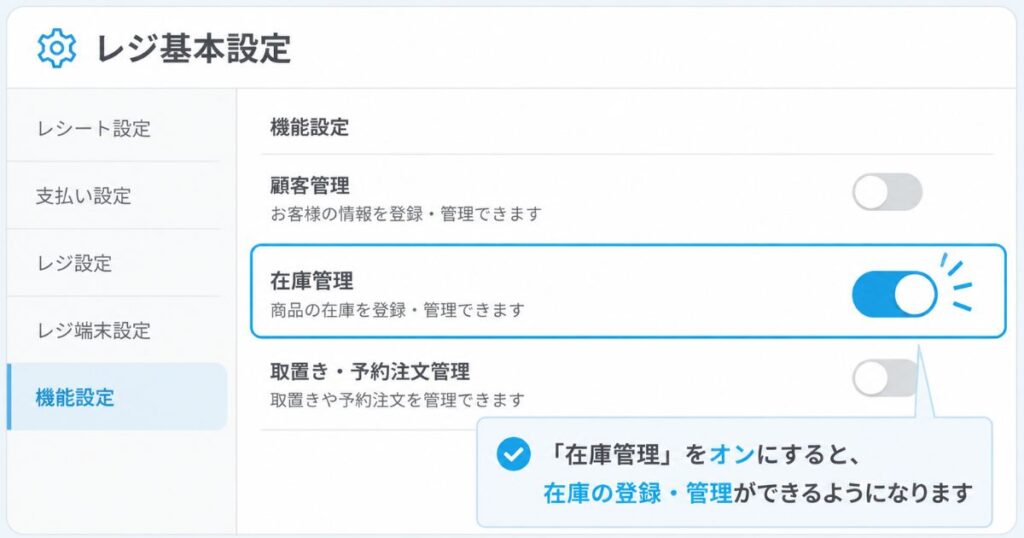 エアレジのレジ基本設定画面で在庫管理をオンに切り替えているところ