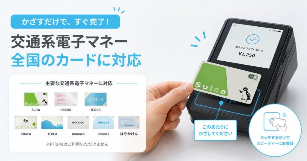 エアペイのカードリーダーにSuicaなどの交通系電子マネーをかざして支払いをしている手元