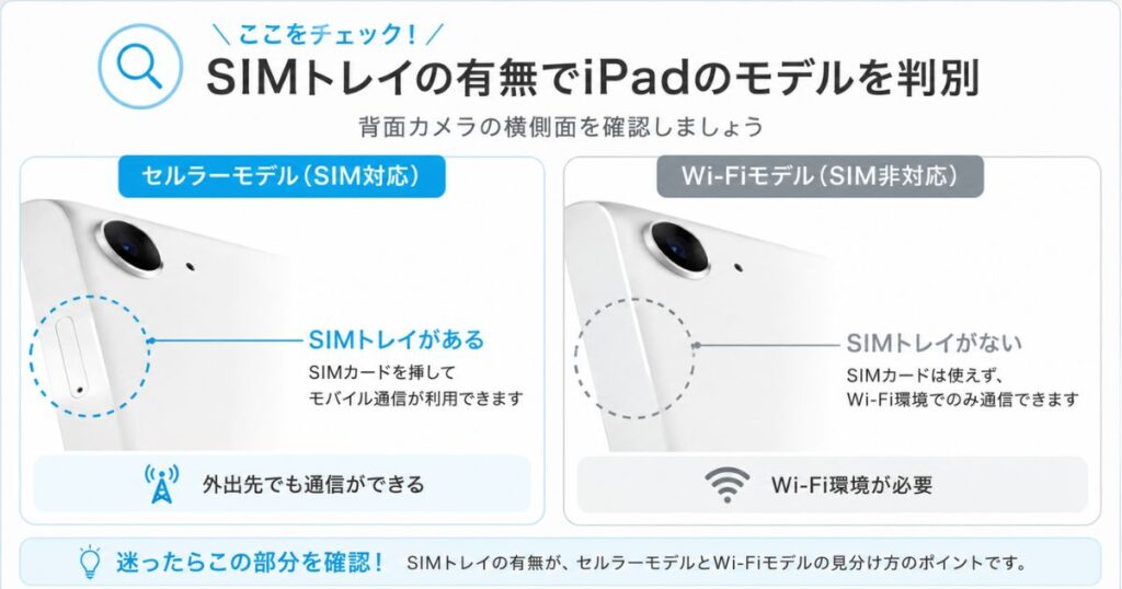 SIMトレイの有無でセルラーモデルかどうかを見分けるiPadの背面