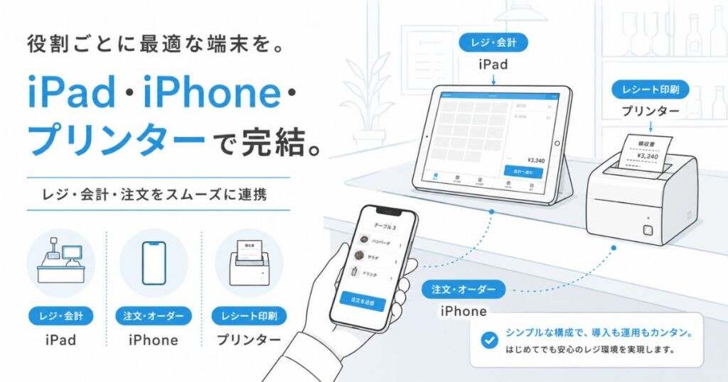 エアレジの対応機種のiPadとiPhoneにプリンターを組み合わせた店舗のレジまわり