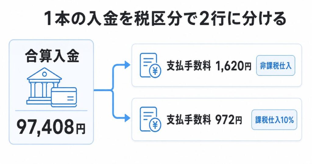 エアペイの合算入金を非課税仕入と課税仕入10%の支払手数料に分けた仕訳の流れ図