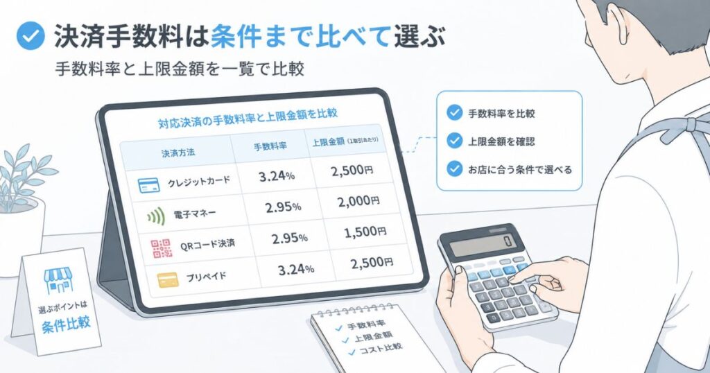 エアペイの対応決済ごとの手数料と上限金額を比べている場面