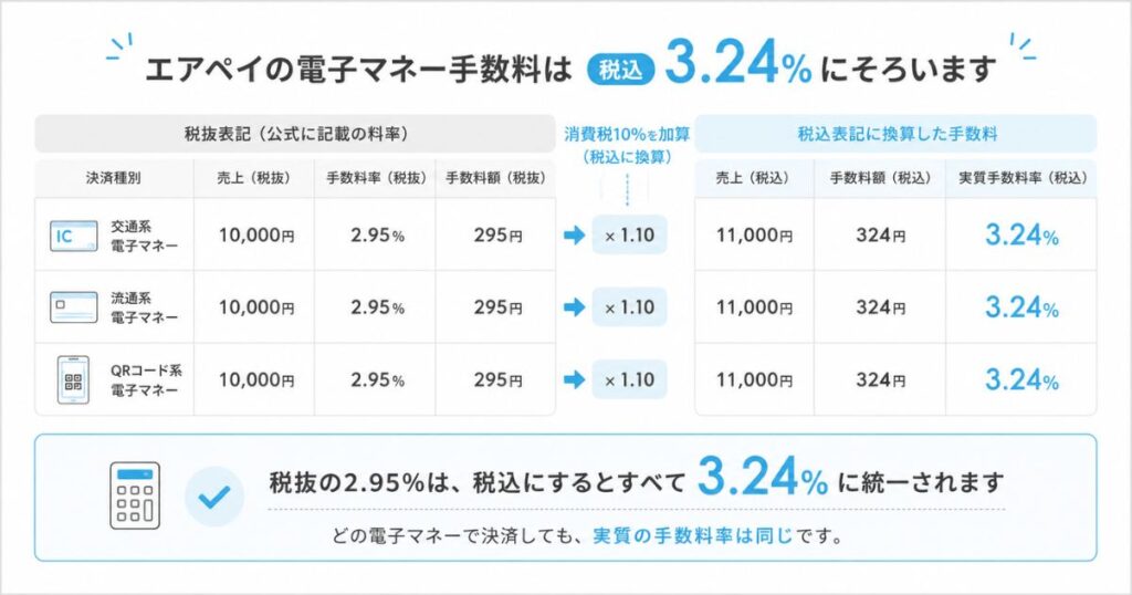 エアペイの電子マネー手数料が税込3.24％にそろうことを示した決済種別ごとの計算イメージ