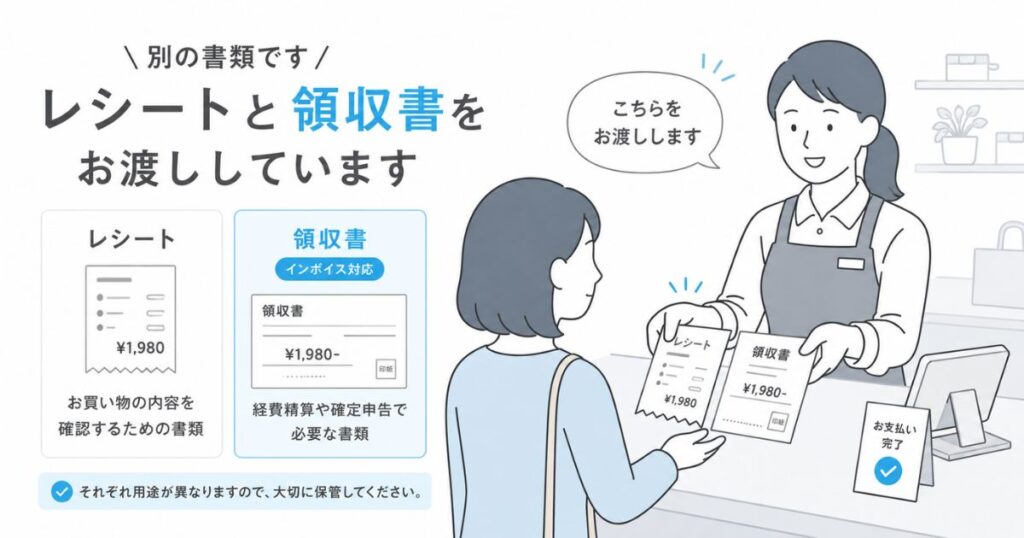 エアペイ導入店舗でお客様にインボイス対応の領収書とレシートを渡す場面